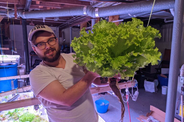 Image of man holding a giant head of lettuce