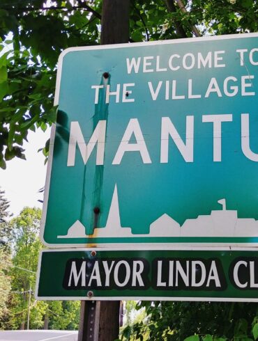A welcome sign for the Village of Mantua, Ohio, including the name of the mayor, Linda Clark