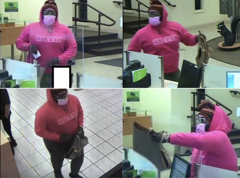 A person with a hooded sweatshirt and face coverings appears in grainy stills from a security camera in a bank lobby